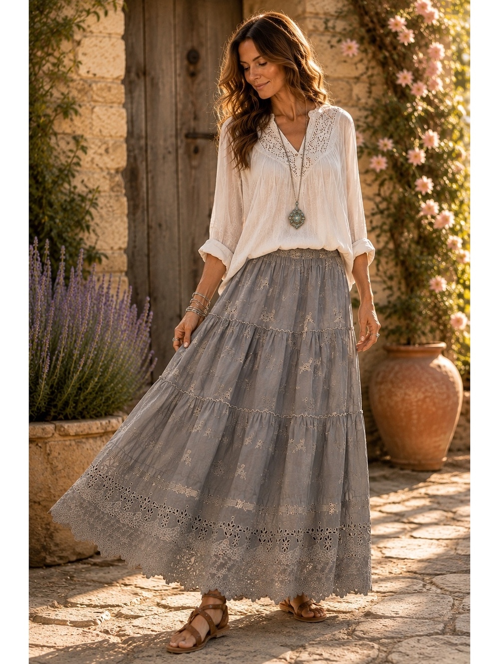 Johnny Was Gray Embroidered Eyelet Tiered Maxi Skirt Boho NWOT Small 86” Sweep